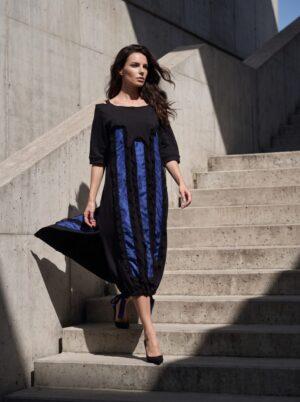 rochie din tricot negru cu detalii din satin albastru intens